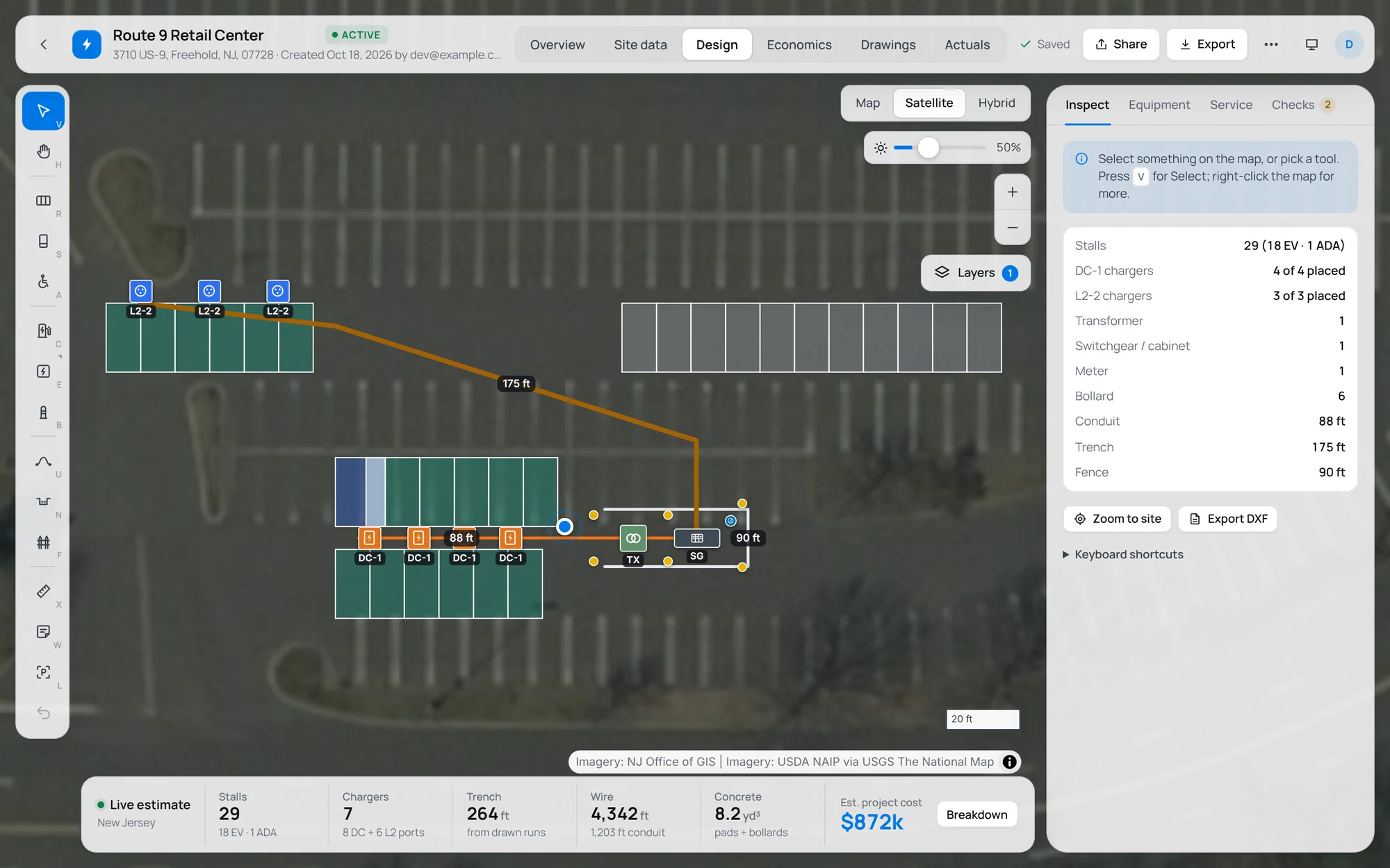 The design view: EV stalls, DC fast and Level 2 chargers, a transformer and switchgear drawn on satellite imagery, with a live estimate.